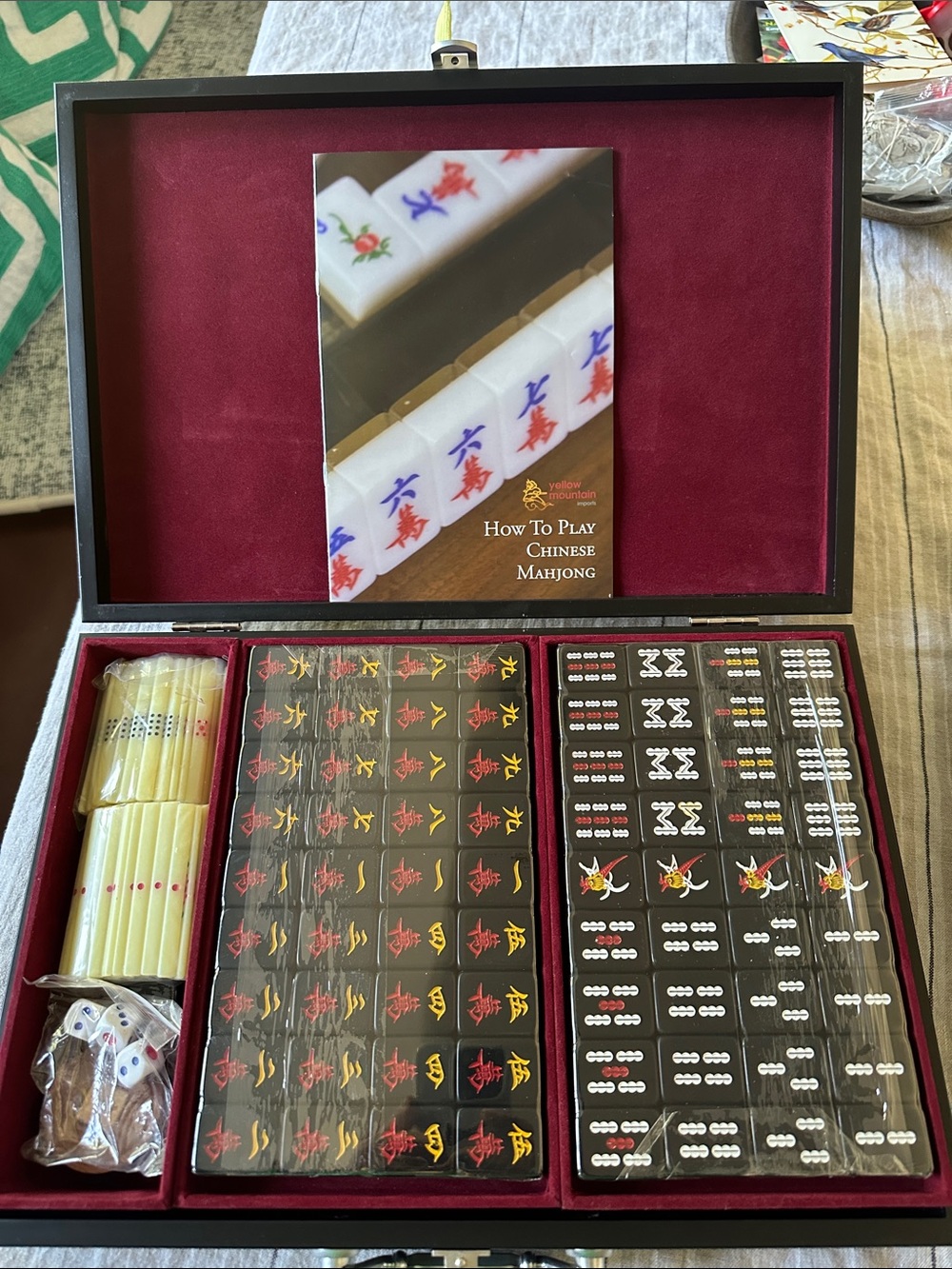 Chinese Mahjong Set with Black Tiles and Red Velvet Hard Case